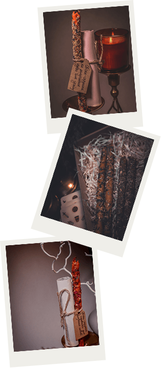 Collage med tre fotografier af håndlavede dekorative stearinlys, elegant arrangeret i lyse rammer på en mørk baggrund.